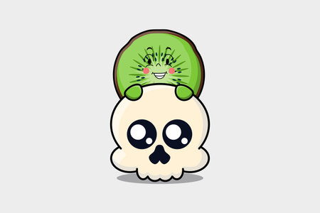 Cute Kiwi fruit cartoon character hiding in skull illustration in flat modern designのイラスト素材