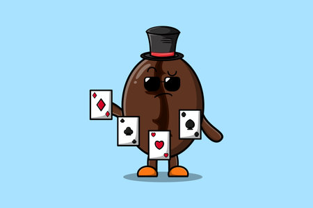 Cute cartoon Coffee beans magician character playing magic cards in flat cartoon style illustrationのイラスト素材