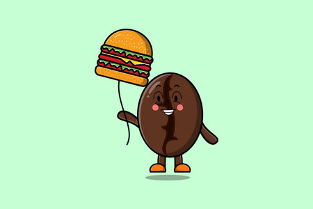 Cute cartoon Coffee beans floating with burger balloon in flat cartoon vector icon illustrationのイラスト素材