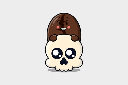 Cute Coffee beans cartoon character hiding in skull illustration in flat modern designのイラスト素材