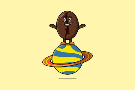 Cute cartoon Coffee beans character standing in planet vector icon illustrationのイラスト素材