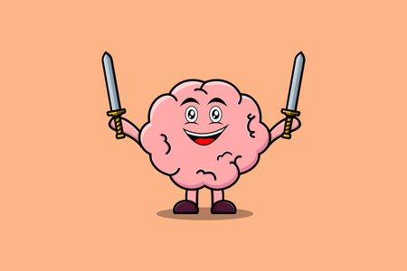 Cute cartoon Brain character holding two sword in 3d modern design illustrationのイラスト素材