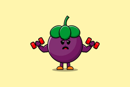Cute cartoon Mangosteen character is fitness with barbell in modern style designのイラスト素材