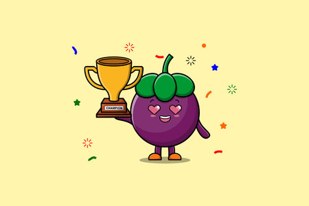 Cute Cartoon character illustration of Mangosteen is holding up the golden trophy in illustrationのイラスト素材