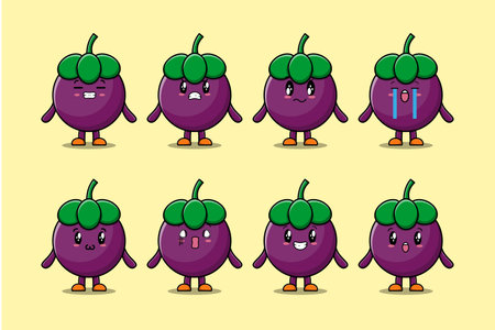 Set kawaii Mangosteen cartoon character with different expressions cartoon face vector illustrationsのイラスト素材