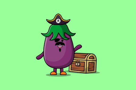 Cute cartoon character Eggplant pirate with treasure box illustration in modern style designのイラスト素材