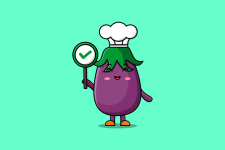 Cute cartoon Eggplant chef character holding correct sign board in vector character illustrationのイラスト素材