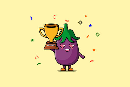 Cute Cartoon character illustration of Eggplant is holding up the golden trophy in illustrationのイラスト素材