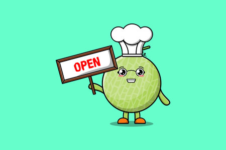 Cute cartoon Melon character holding open sign board designs in concept flat cartoon styleのイラスト素材