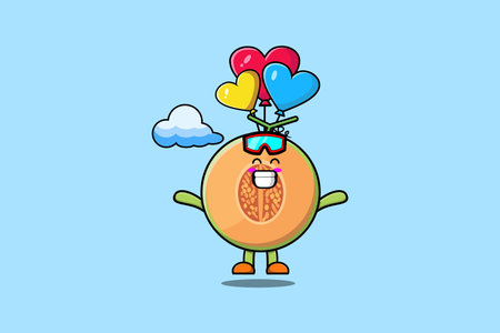 Cute cartoon Melon mascot is skydiving with balloon and happy gesture cute modern style designのイラスト素材