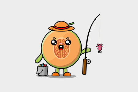 Cute cartoon Melon ready fishing character illustration wearing fishing equipmentのイラスト素材