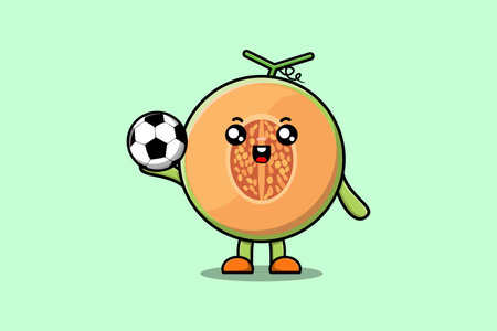 Cute cartoon Melon character playing football in flat cartoon style illustrationのイラスト素材