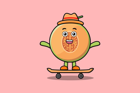 cute cartoon Melon standing on skateboard with cartoon vector illustration styleのイラスト素材