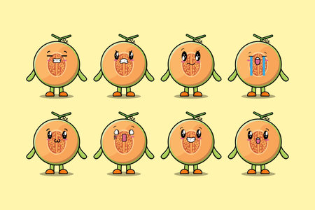 Set kawaii Melon cartoon character with different expressions cartoon face vector illustrationsのイラスト素材