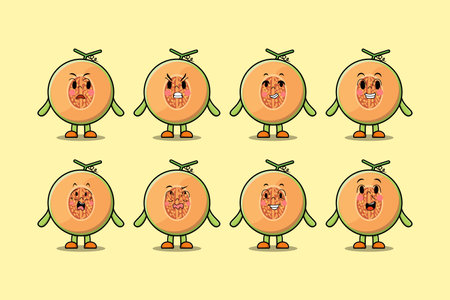 Set kawaii Melon cartoon character with different expressions cartoon face vector illustrationsのイラスト素材