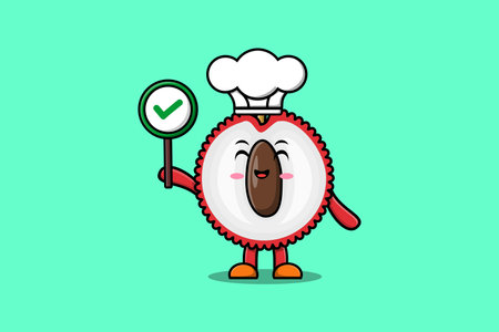Cute cartoon Lychee chef character holding correct sign board in vector character illustrationのイラスト素材