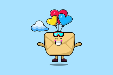 Cute cartoon Envelope mascot is skydiving with balloon and happy gesture cute modern style designのイラスト素材