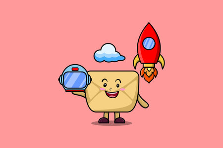 Cute mascot cartoon character Envelope as astronaut with rocket, helm, and cloud in cute styleのイラスト素材