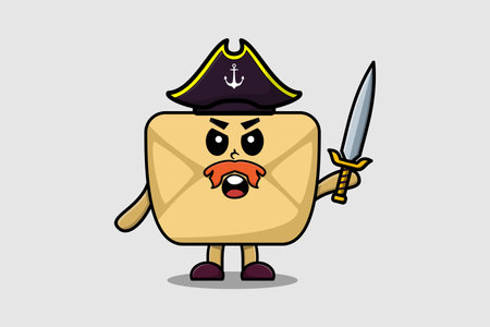 Cute cartoon mascot character Envelope pirate with hat and holding sword in modern designのイラスト素材