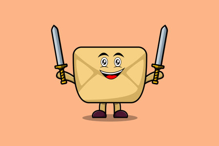 Cute cartoon Envelope character holding two sword in 3d modern design illustrationのイラスト素材