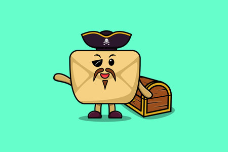 Cute cartoon character Envelope pirate with treasure box illustration in modern style designのイラスト素材