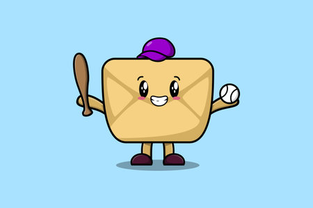 Cute cartoon Envelope character playing baseball in modern style designのイラスト素材