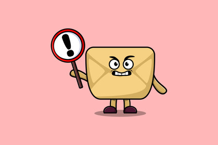 Cute cartoon illustration Envelope with exclamation sign board in flat modern style designのイラスト素材