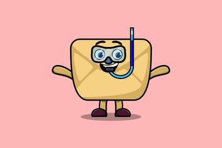 Cute cartoon Envelope diver with swimming glass in flat modern style designのイラスト素材