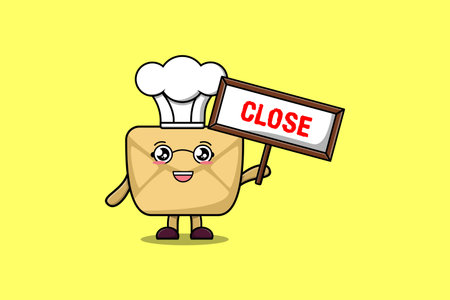 Cute cartoon Envelope chef character holding close sign board designs in flat cartoon styleのイラスト素材