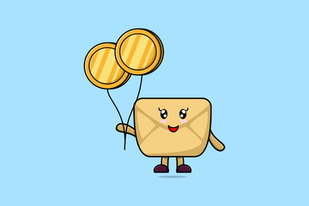 Cute cartoon Envelope businessman floating with gold coin balloon cartoon vector illustrationのイラスト素材