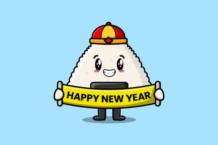 Cute cartoon Rice japanese sushi chinese character holding happy new year board illustrationのイラスト素材