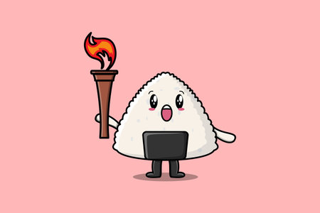 Illustration of cute Rice japanese sushi cartoon character holding fire torch in flat modern designのイラスト素材