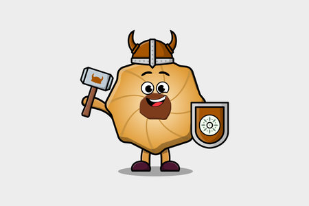 Cute cartoon character Cookies viking pirate with hat and holding hammer and shieldのイラスト素材