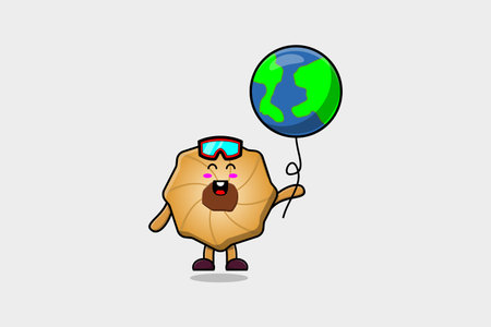 Cute cartoon Cookies floating with world balloon cartoon vector illustrationのイラスト素材