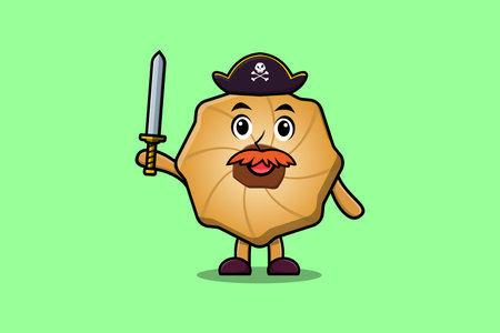 Cute cartoon mascot character Cookies pirate with hat and holding sword in modern designのイラスト素材