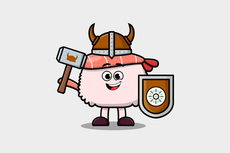 Cute cartoon character Sushi shrimp viking pirate with hat and holding hammer and shieldのイラスト素材