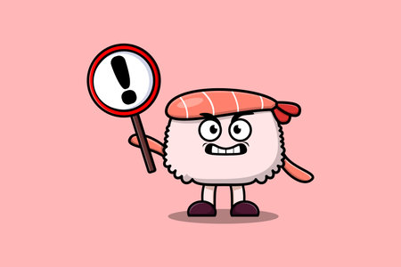 Cute cartoon illustration Sushi shrimp with exclamation sign board in flat modern style designのイラスト素材