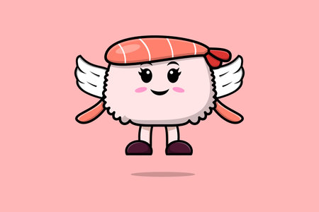 Cute cartoon Sushi shrimp character wearing wings in modern style design illustrationのイラスト素材