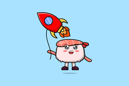 Cute cartoon Sushi shrimp floating with rocket balloon cartoon vector illustrationのイラスト素材