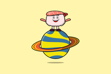Cute cartoon Sushi shrimp character standing in planet vector icon illustrationのイラスト素材