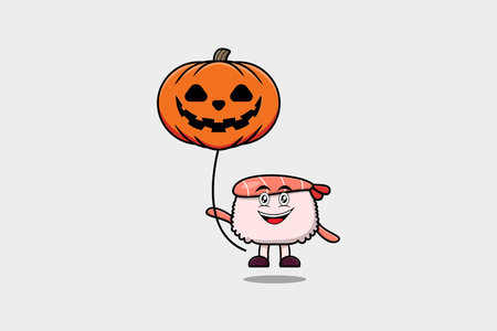 Cute cartoon Sushi shrimp floating with pumpkin halloween balloon in flat cartoon icon illustrationのイラスト素材