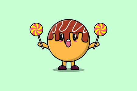 Cute cartoon Takoyaki character holding lollipop candy in flat cartoon illustrationのイラスト素材