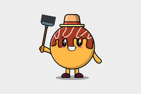 Cute cartoon Agricultural worker Takoyaki with pitchfork vector image cute modern style designのイラスト素材
