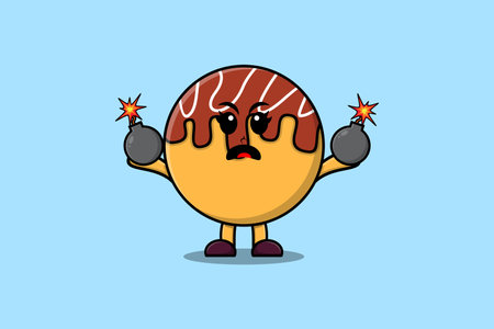 Cute cartoon Takoyaki holding bomb with scared expression in flat modern style designのイラスト素材