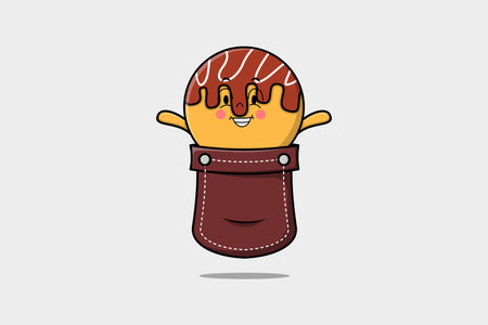 Cute cartoon Takoyaki character coming out from pocket look so happyのイラスト素材