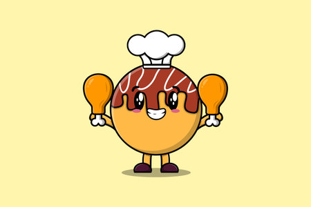 Cute cartoon Takoyaki chef character holding two chicken thighs in flat cartoon style illustrationのイラスト素材