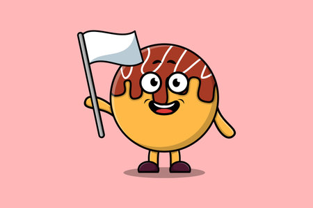 Cute cartoon Takoyaki mascot character with white flag in modern design illustrationのイラスト素材