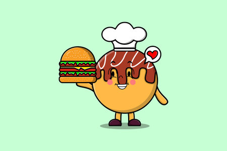 Cute cartoon Takoyaki chef character holding burger in flat cartoon style illustrationのイラスト素材