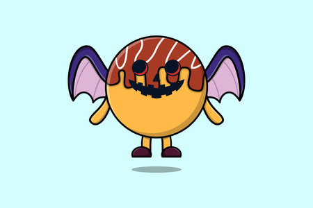 Cute mascot cartoon Takoyaki character Scary bats pumpkin halloween illustrationのイラスト素材