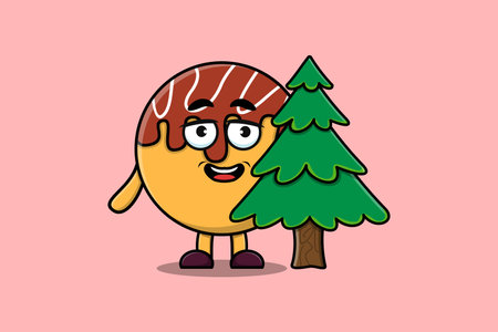 Cute cartoon Takoyaki character hiding tree in flat modern design in modern style designのイラスト素材
